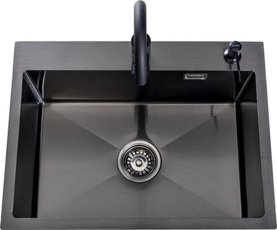 Lendo Online Spoelbak voor keuken met keukenkraan en zeepdispenser 590x440x200mm (59x44x20cm) Zwart / Antraciet RVS - Roestvrij staal - Wasbak met waterafvoersysteem - Gootsteen + bevestigingshaken Binnenmaat: 54x35cm