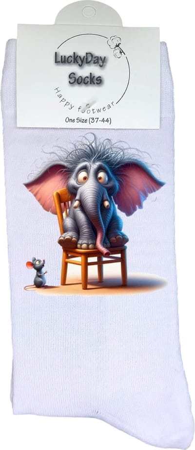 Olifant - Verjaardag cadeau - Grappige sokken - Print sokken - Leuke sokken voor heren en dames - Moederdag - Vaderdag - Cadeau voor hem en haar - Kerstcadeau - Vrolijke sokken - Muisje - Valentijns cadeau - Socks waar je Happy van wordt - Maat 37-44