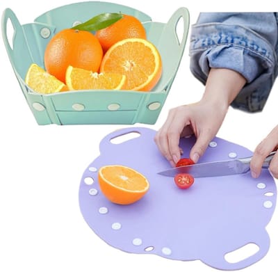 Fruitschaal - Opvouwbare - Groentemand - Picknickmand - Snijplank - Voor kamperen, camper, caravan, tent, luifel, tuin, park, wandelen en trektochten - 20*10.5 cm - 2 stuks - Paars+Groen