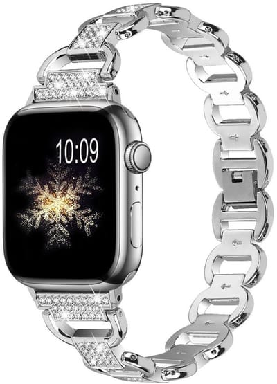 RVS bandje met glitterstenen - geschikt voor Apple Watch series 1/2/3/4/5/6/7/8/9/10/11/ SE (1,2,3) / Ultra (1,2,3) met maat 44 mm / 45 mm / 46 mm / 49 mm - stalen band met kliksluiting - zilver