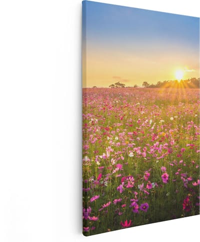 Artaza Canvas Schilderij Bloemenveld - 80x120 cm - Groot - Wanddecoratie Bloemen - Muurdecoratie Zonsondergang - Schilderijen Op Canvas