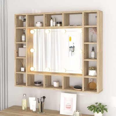 Wandkaptafel - Make-uptafel spiegel - Make-up organiseren - Met ledverlichting - 91 x 76.5 cm - Sonoma eiken
