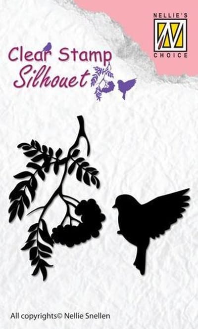 Sil029 Nellie Snellen Clearstamp Silhouette Birdsong-3 - Stempel vogel bij tak met besjes - vogelzang