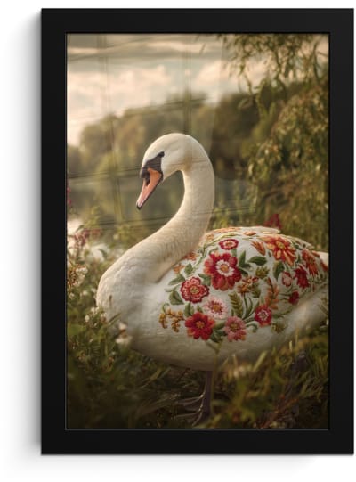Poster in lijst - Fotolijst 20x30 cm - Posters - Zwaan - Bloemen - Natuur - Posterlijst zwart - Decoratie - Wanddecoratie woonkamer - Muurdecoratie slaapkamer