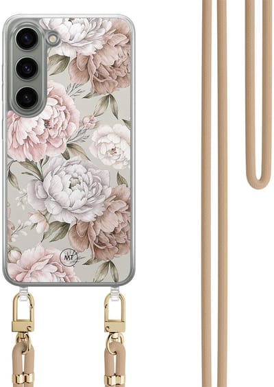 Hoesje met koord geschikt voor Samsung Galaxy S23 - Klassieke bloemen - Inclusief Beige koord - Crossbody beschermhoes - Transparant, Beige - Mooie Telefoonhoesjes