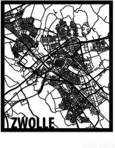 Hout-Kado Citymap Zwolle - Zwart - Houten Stadskaart - Houten wanddecoratie - Plattegrond
