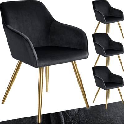tectake® Eetkamerstoel Marilyn - Set van 4 - Met Armleuningen - Elegante Stoel met Gevoerde Zitting in Fluweellook - Gestoffeerd - Gouden metalen poten - Ergonomische Keukenstoel - Stoel voor Woonkamer, Eetkamer en Slaapkamer - Zwart