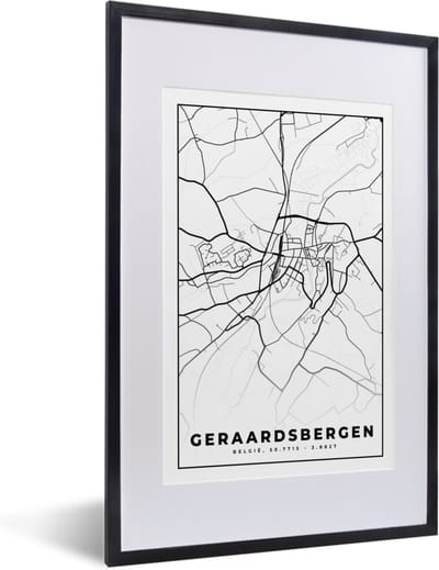 Fotolijst incl. Poster Zwart Wit- Kaart – Plattegrond – Stadskaart – Geraardsbergen – België – Zwart Wit - 40x60 cm - Posterlijst