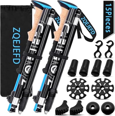 Telescopische wandelstokken – Carbon & aluminium trekkingstokken – Verstelbaar 108-135 cm – Met kurken handvat & klemsluiting – Inclusief 5 paar rubberen doppen voor hiking & trekking