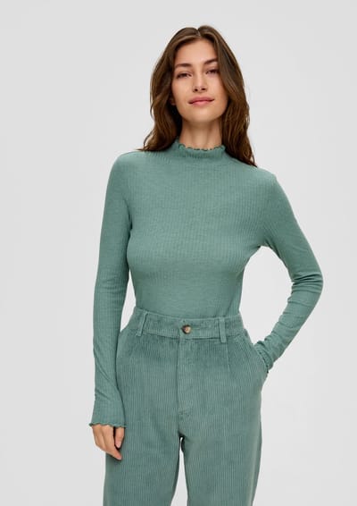 Dames T-shirt met lange mouwen, aansluitend, geribde knit, col rol QS