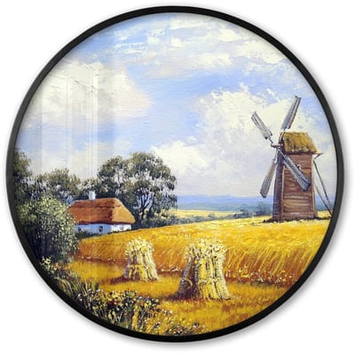 Poster in lijst Rond - Fotolijst 60x60 cm - Posters - Schilderij - Boerderij - Molen - Olieverf - Ronde posterlijst zwart - Decoratie - Wanddecoratie woonkamer - Muurdecoratie slaapkamer