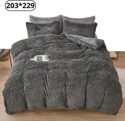Bovista Fluffy Dekbedovertrek - Teddy Dekbedovertrek - Fleece Dekbedovertrek - Pluche - Dekbed - Deken - Inclusief Kussenslopen - Donkergrijs 203x229cm