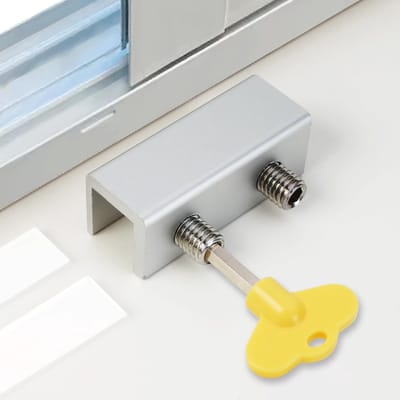 Schuifdeurslot voor op en neer, veiligheidsslot, kinderslot, sleutel inbegrepen, eenvoudig te installeren, geen boren nodig, verticaal en horizontaal schuivend, zilver, set van 4