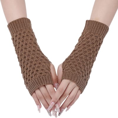 Winkrs - Vingerloze Handschoenen Wafelpatroon Bruin/Khaki - Polswarmers 20CM kort model
