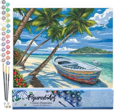 Figured'Art Schilderen op Nummer Volwassenen canvas Boot onder de palmbomen - Handwerk acrylverf Kit DIY Compleet - 40x50cm zonder frame
