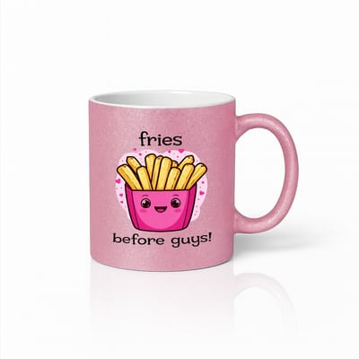 Grappige “Fries Before Guys” Mok – Roze Glitter Keramische Koffiemok 330 ml – Schattig Cadeau voor Frietliefhebbers