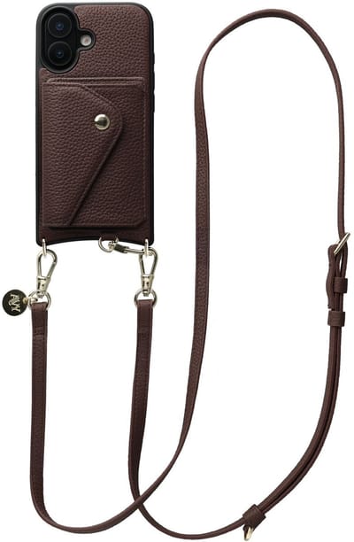 AVY Leren Hoesje geschikt voor Apple iPhone 17 | Met Koord en Magnetische Kaarthouder | Compatibel met MagSafe | Leather Case met 130CM Koord & Wallet | Long Leather | Chocolate