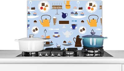 Spatscherm keuken 60x40 cm - Kookplaat achterwand Patronen - Cupcake - Theepot - Thee - Muurbeschermer - Spatwand fornuis - Hoogwaardig aluminium
