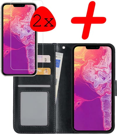 Hoesje Met 2x Screenprotector - Geschikt voor Apple iPhone 13 Mini - Luxe Pasjeshouder - Bookcase Portemonee - Flip Case - Kunstleer Book Case - Flipcase Hoes - Book Cover - Walletcase - Portemonneehoes - Zwart