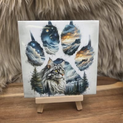 Wenstegeltje Kat met dromerige natuur – Cadeau voor kattenliefhebbers – Spreuktegel – Stijlvolle Woondecoratie met Boodschap – Trendy nu– Hip trendy tegeltje – Cadeau – Decoratief Tegeltje met Standaard – Cadeau Idee