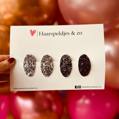 Haarspeldjes Yara setje 4 - chunky glitters - klikklakspeldje - grijs - zwart - kerst - feestdagen - 5 cm speldjes
