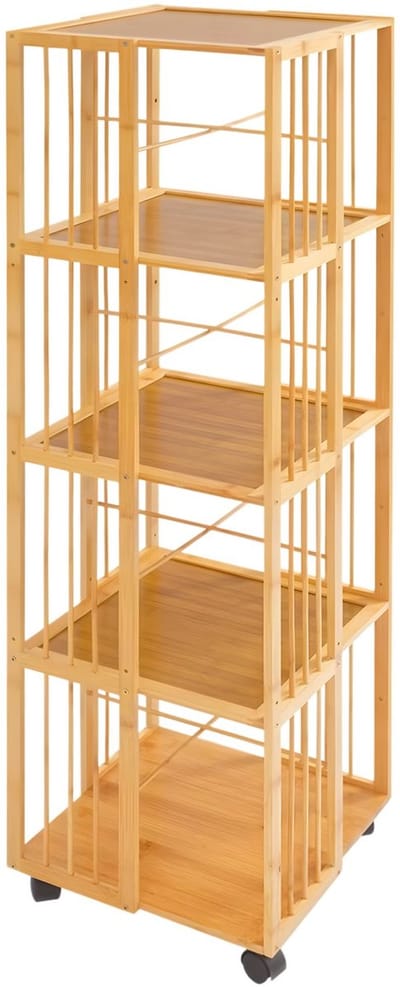 Draaibare boekenplank – Voor boekenopslag – 360° draaiend, meerlaagse toren – Donkerbruin hout (37×37×132 cm)