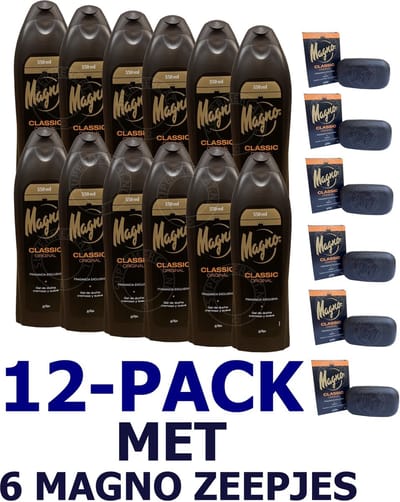VOORDEEL PACK met 12 x Magno Classic Shower Gel 550ml NU MET 6 MAGNO CLASSIC ZEEPJES