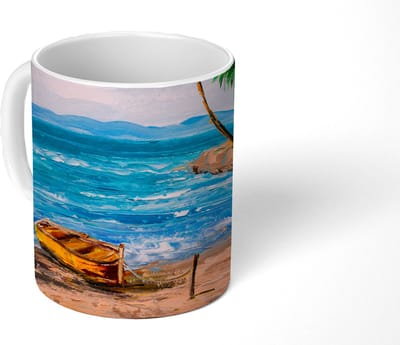 Mok - Koffiemok - Schilderij - Olieverf - Strand - Palmboom - Boot - Mokken - 350 ML - Beker - Koffiemokken - Theemok
