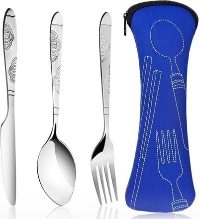 Driedelig Bestekset voor Kamperen, Picknicken, Werk en Wandelen - Blauw en Handig voor Buitenshuis