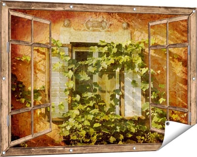 Gards Tuinposter Doorkijk Raam met Luiken - 120x80 cm - Tuindoek - Tuindecoratie - Wanddecoratie buiten - Tuinschilderij