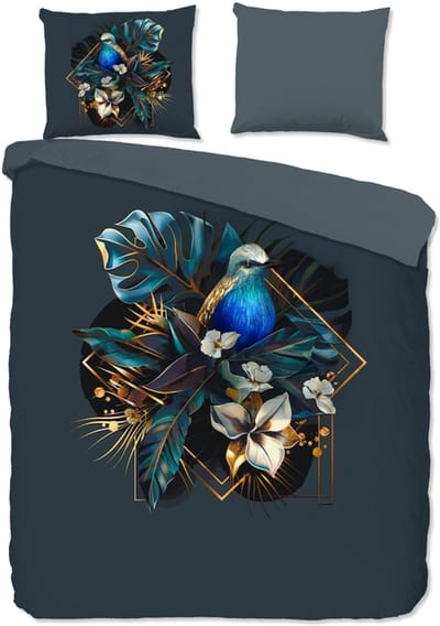 Pure dekbedovertrek bladen en een vogel omlijst in goud - 2 persoons 200x200/220 cm - Donkerblauw - Microvezel