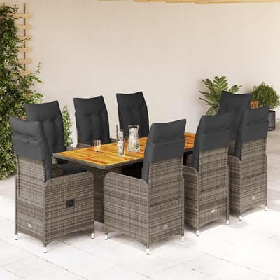 vidaXL - 9-delige - Bistroset - met - kussens - poly - rattan - grijs