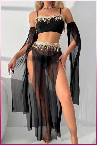 Purple-Daisy Luxe product Transparante tule Provocerende paillettenaccessoire 4-delige set Oosterse kostuum Sexy buikdanseressenoutfit PDS0049-Z - Maat S/M - ZWART