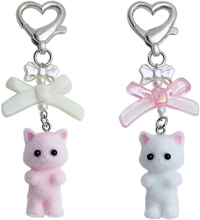 Dailygoods- Sleutelhanger Schattig Ontwerp - Katten Sleutelhanger - Pluizige Hanger - Roze Strikparel - Set van 2 - Ideaal Voor Tassen - Kattenhanger