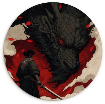 WallCircle® Wandcirkel 120x120 cm - Muurcirkel Krijger - Draak - Zwart - Rood - Rook - Muurdecoratie woonkamer - Wanddecoratie slaapkamer - Kamer decoratie accessoires - Ronde schilderijen XXL