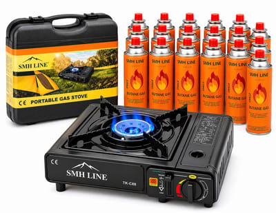 SMH LINE Camping kooktoestel - Incl. 16x Gasflessen - Draagbaar Gasfornuis - Koffer - Noodpakket