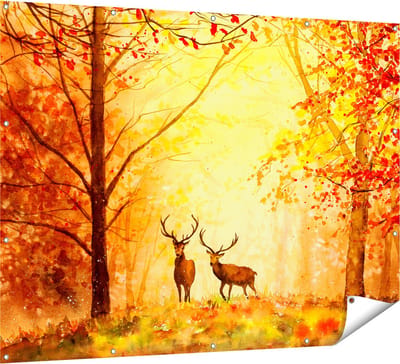 Gards Tuinposter Getekende Herten in het Bos - Herfst - 160x120 cm - Tuindoek - Tuindecoratie - Wanddecoratie buiten - Tuinschilderij