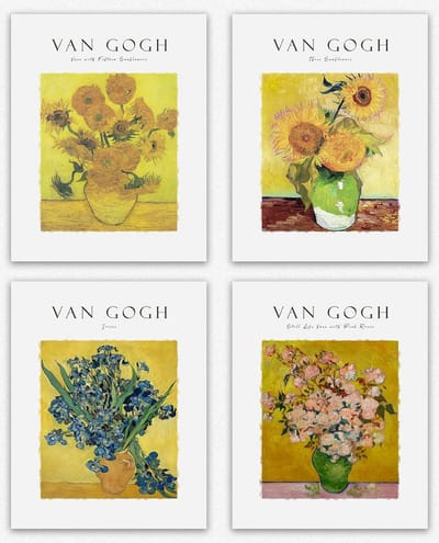 Set van 4 Gele Bloemen Wall Art Prints - Impressionistische Bloemstilleven Wanddecoratie
