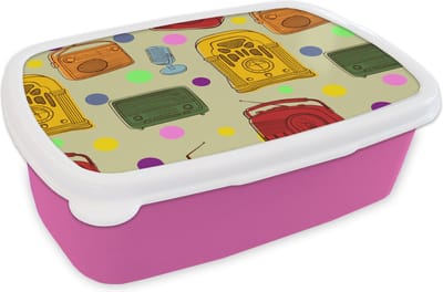Broodtrommel Roze - Lunchbox - Brooddoos - Vintage - Radio - Microfoon - Patroon - 18x12x6 cm - Kinderen - Meisje