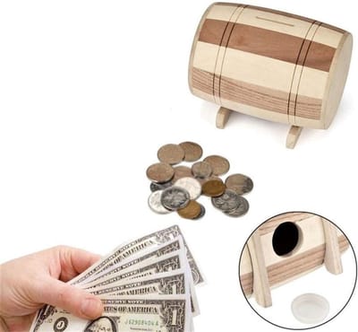 Houten Spaarpot - Geldkistje - Geld Leren Sparen - Vorm Wijnvat - 5.90 x 4.72 inch