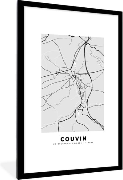 Fotolijst incl. Poster Zwart Wit- Stadskaart – Zwart Wit - Kaart – Couvin – België – Plattegrond - 80x120 cm - Posterlijst