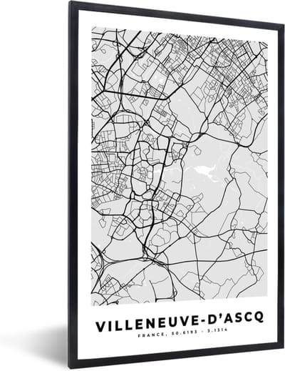 Fotolijst incl. Poster - Plattegrond - Kaart - Stadskaart - Frankrijk - Villeneuve-d'Ascq - 40x60 cm - Posterlijst