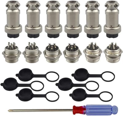 6-delige set metalen aviation plug connectors met rubberen beschermkap en schroevendraaier voor 16mm draad, 4-pins, 5A, ideaal voor elektrische verbindingen