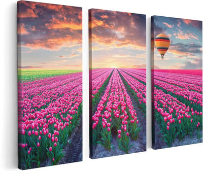 Artaza Canvas Schilderij Drieluik Bloemenveld Met Roze Tulpen - Luchtballon - 120x80 - Foto Op Canvas - Canvas Print