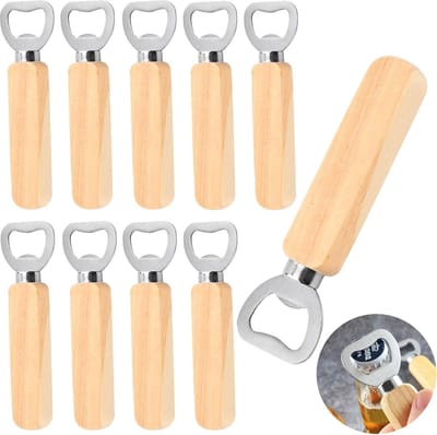 Flesopener, 10 stuks, bieropener, gepersonaliseerd, houten handvat, bierflesopener, draagbaar, duurzaam, natuurlijk hout, flesopener voor thuis, keuken, bar, geweldig cadeau