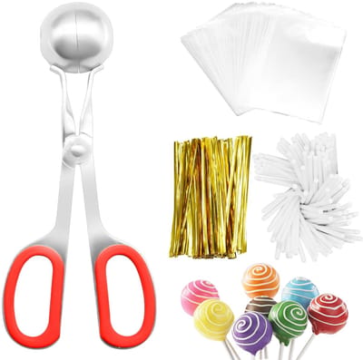Dailygoods- Lollysticks 301 Stuks - Cake Pop Set - Papierachtige Sticks - Zakken - Gouden Twist Ties - Scooper voor Snoep/Chocolade - Cakepopsticks