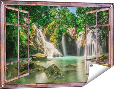 Gards Tuinposter Doorkijk Tropische Waterval - 90x60 cm - Tuindoek - Tuindecoratie - Wanddecoratie buiten - Tuinschilderij
