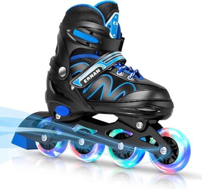 Kinderskeelers - Verstelbare rolschaatsen - Buiten spelen - Verlichting bij beweging - Maat M - Blauw