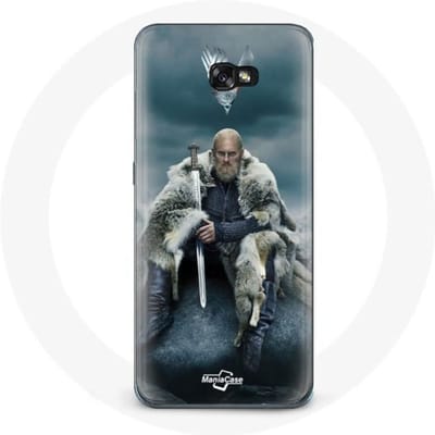 Hoesje voor Samsung Galaxy A3 2016 Vikings Series Seizoen 6 Ragnar Lothbrok logo V Zwaard Grijze Broui Achtergrond
