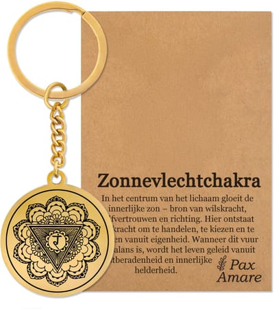 Zonnevlecht Chakra (Manipura) Sleutelhanger op Cadeau Kaartje – Spiritueel Cadeau van Roestvrij Staal – Goudkleurig – Pax Amare
